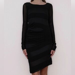 Maison Margiela Black Mesh Striped Midi Asymmetric Long Sleeve Dress
